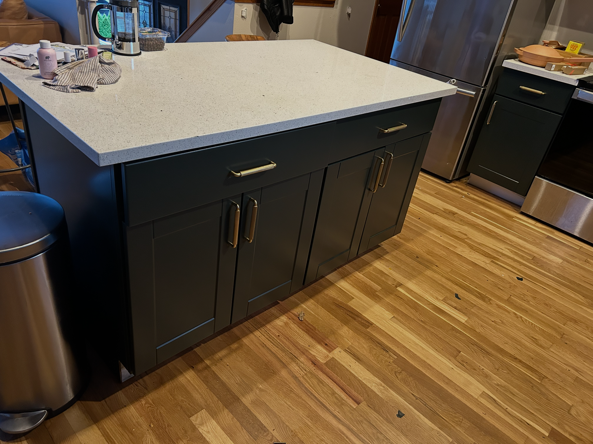 Kitchen island cabinets after dark refinishing